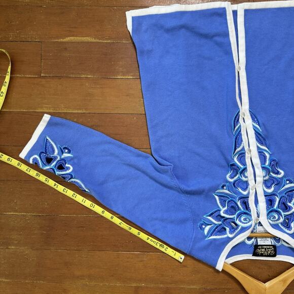 BOB MACKIE Wearable Art Blue Embroidered Cardigan Sweater Cutout Floral Granny S - Picture 8 of 16